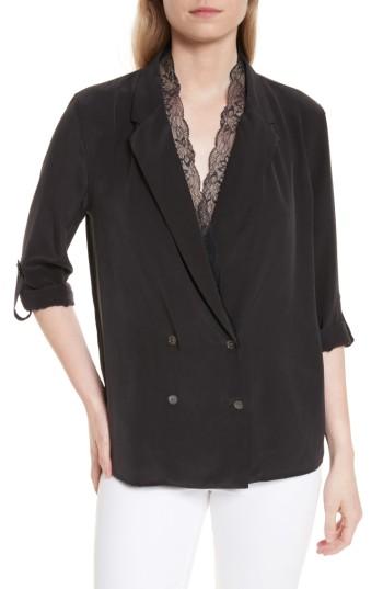 Women's Equipment Lace Collar Double-breasted Silk Top - Black