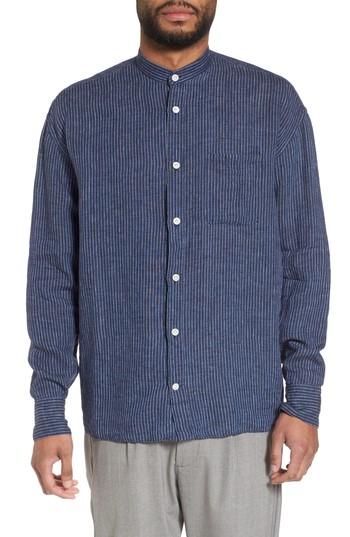 Men's Eleventy Railroad Stripe Linen Sport Shirt - Blue