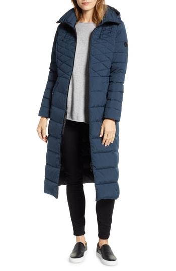 Women's Bernardo Quilted Long Coat With Down & Primaloft Fill - Blue