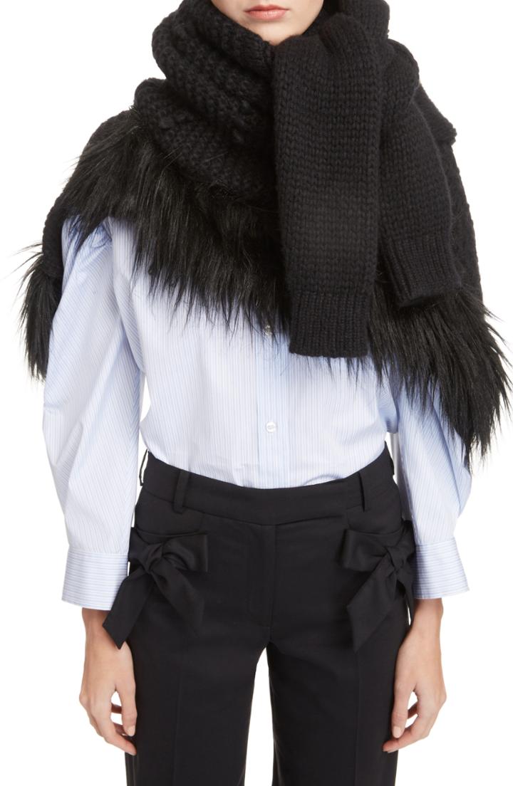 Women's Simone Rocha Faux Fur Trim Patchwork Knit Scarf