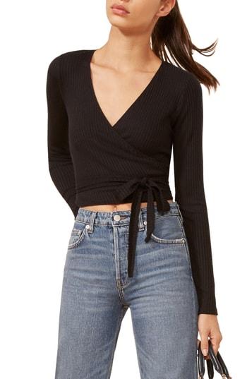 Women's Reformation Petalo Wrap Crop Top - Black