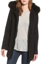 Petite Women's Sachi Hooded Wool Blend Coat With Genuine Fox Fur Trim P - Black