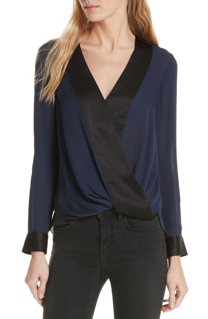 Women's L'agence Kyla Draped Silk Surplice Blouse - Blue