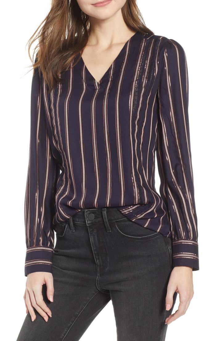 Women's Hinge Twill & Lace Stripe V-neck Top, Size - Blue