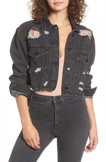 Women's Sp Black Shredded Crop Denim Jacket - Black