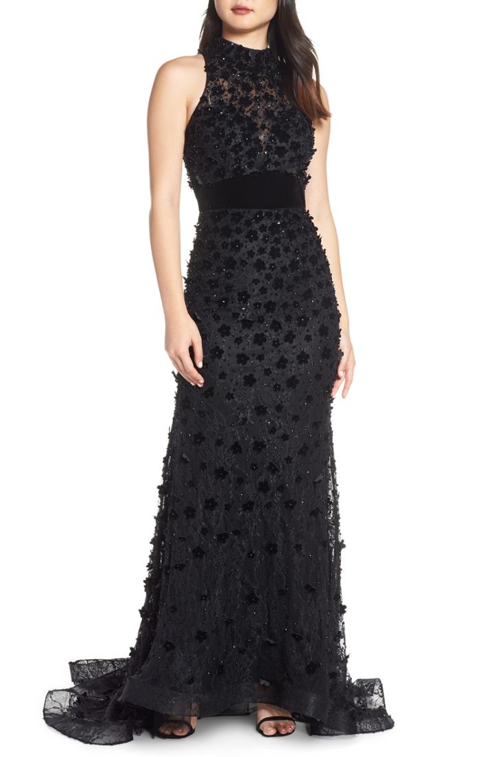 Women's Mac Duggal 3d Lace Evening Dress With Train - Black