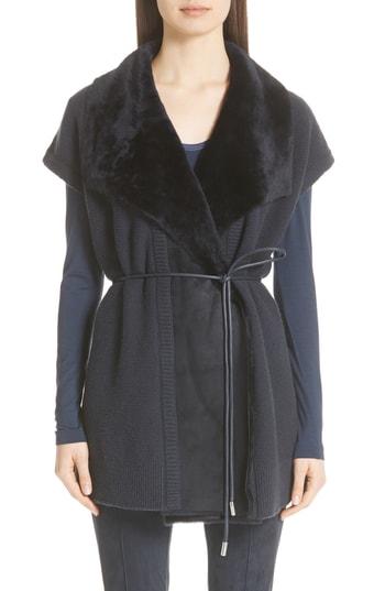 Women's Lafayette 148 New York Shearling Trim Wool & Cashmere Vest - Blue