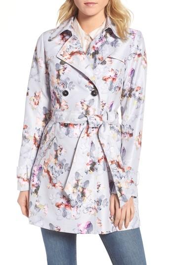 Women's Guess Double Breasted Floral Trench Coat - Grey