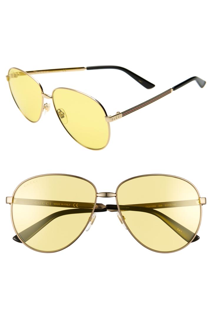 Women's Gucci 61mm Metal Aviator Sunglasses - Gold/ Solid Yellow