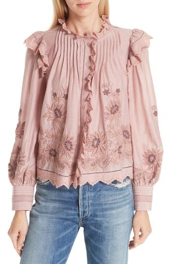 Women's Sea Greta Embroidered Ruffle Trim Blouse - Pink
