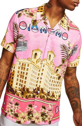 Men's Topman Miami Short Sleeve Classic Fit Shirt - Pink