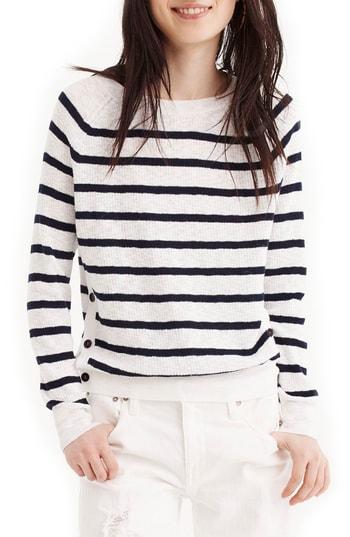 Women's J.crew Vivian Stripe Crewneck Side Button Sweater, Size - Blue