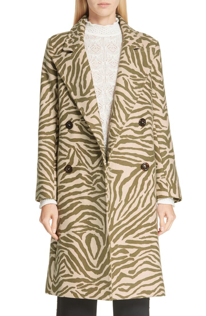 Women's See By Chloe Zebra Print Wool Blend Coat Us / 38 Fr - Beige