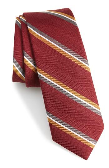 Men's The Tie Bar Short Cut Stripe Silk & Wool Skinny Tie, Size - Burgundy