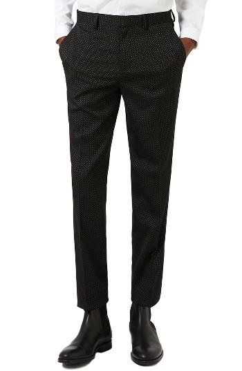 Men's Topman Skinny Fit Pin Dot Tuxedo Trousers X 34 - Black