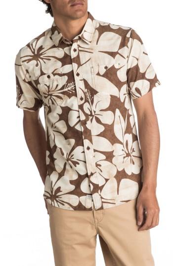 Men's Quiksilver Waterman Collection Wake Idyll Print Sport Shirt - Brown