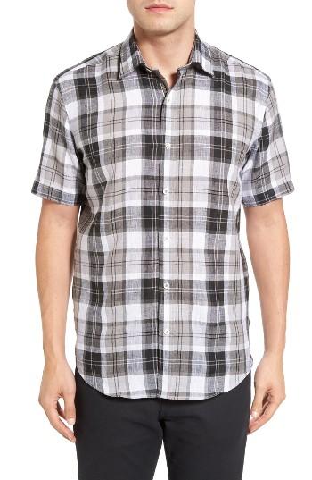 Men's Bugatchi Shaped Fit Plaid Short Sleeve Sport Shirt - Grey