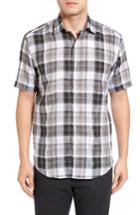 Men's Bugatchi Shaped Fit Plaid Short Sleeve Sport Shirt - Grey