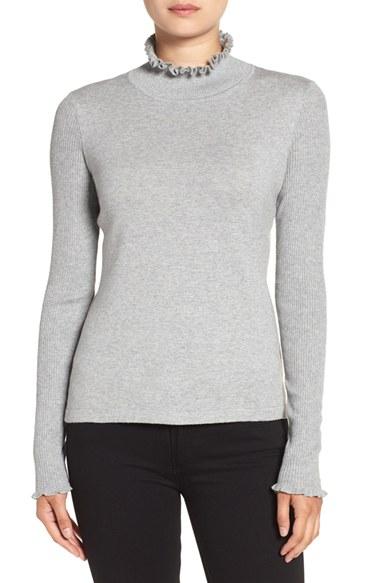 Women's Cece Rib Sleeve Ruffle Trim Turtleneck