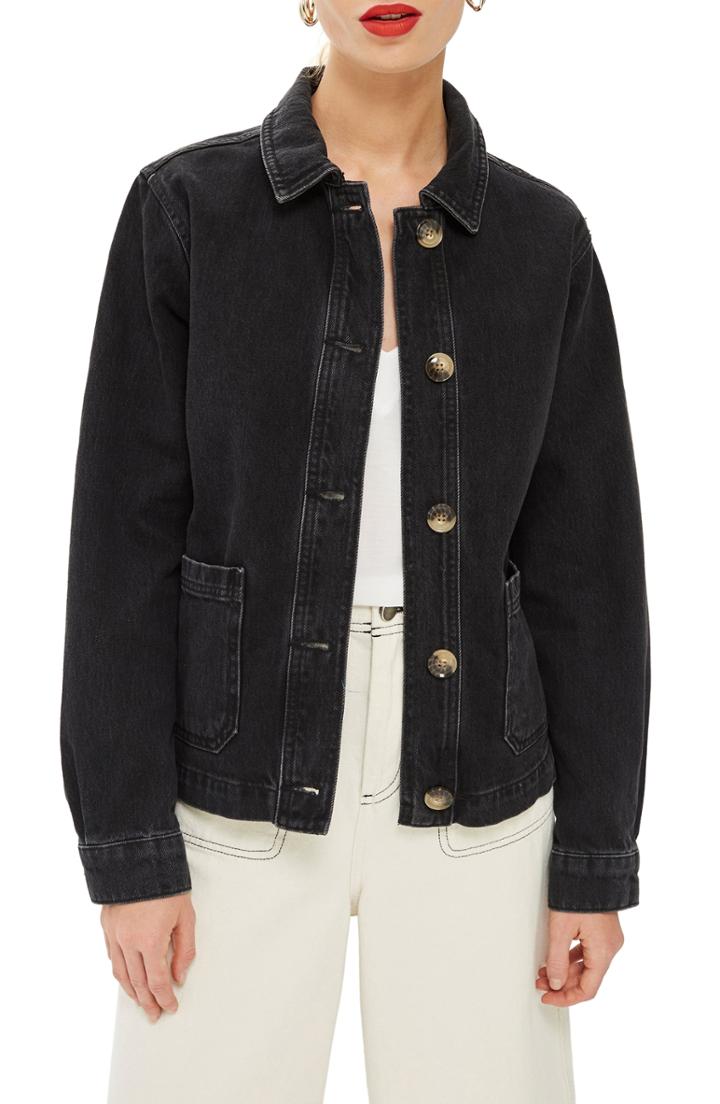 Women's Topshop Horn Button Denim Shirt Jacket Us (fits Like 0) - Black