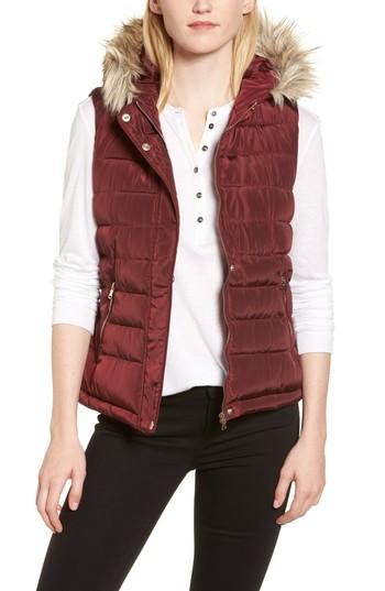 Women's Dorothy Perkins Faux Fur Trim Hooded Puffer Vest Us / 8 Uk - Red