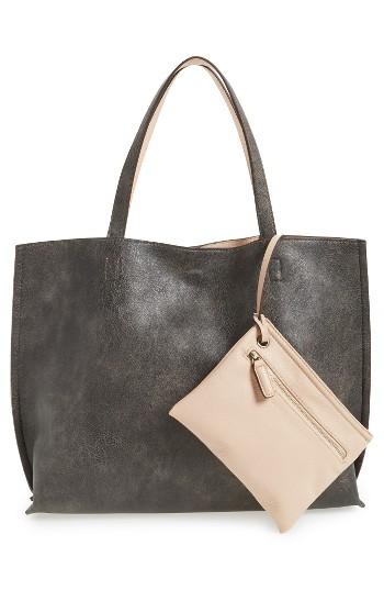 Street Level Reversible Faux Leather Tote & Wristlet - Black