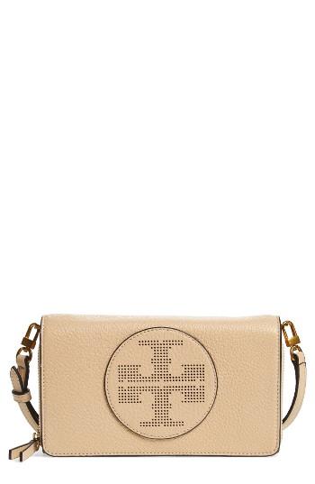 Women's Tory Burch Perforated Leather Wallet Crossbody Bag - Brown