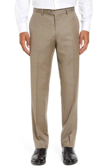 Men's Nordstrom Men's Shop Flat Front Solid Wool Trousers - Beige