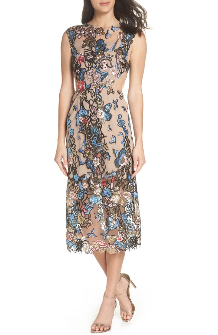 Women's Bronx And Banco Bird Of Paradise Sequin Embroidered Midi Dress - Beige