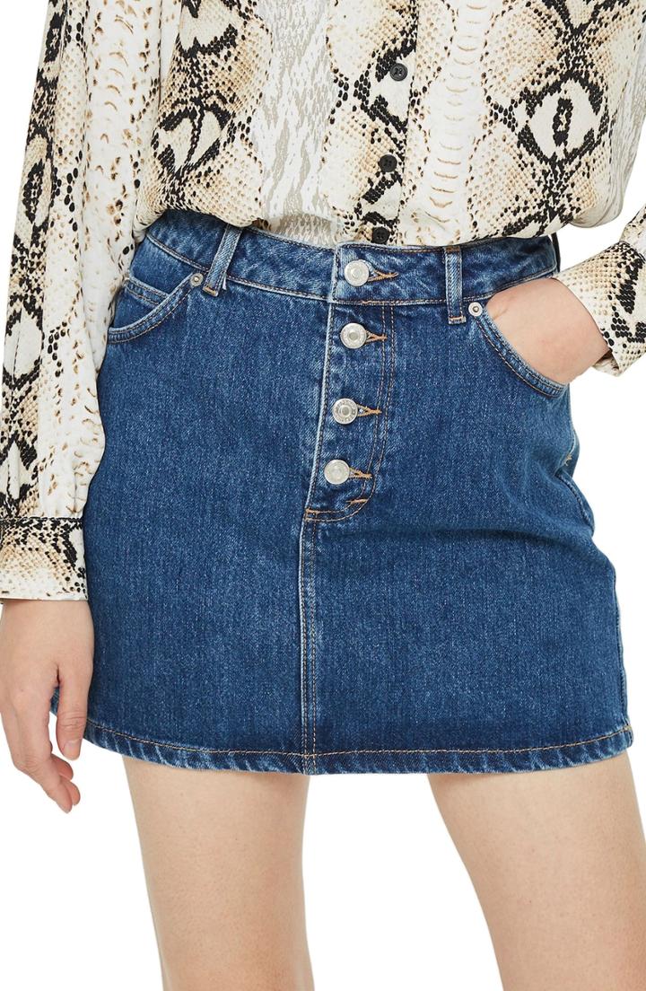Women's Topshop Button Fly Denim Skirt Us (fits Like 0) - Blue