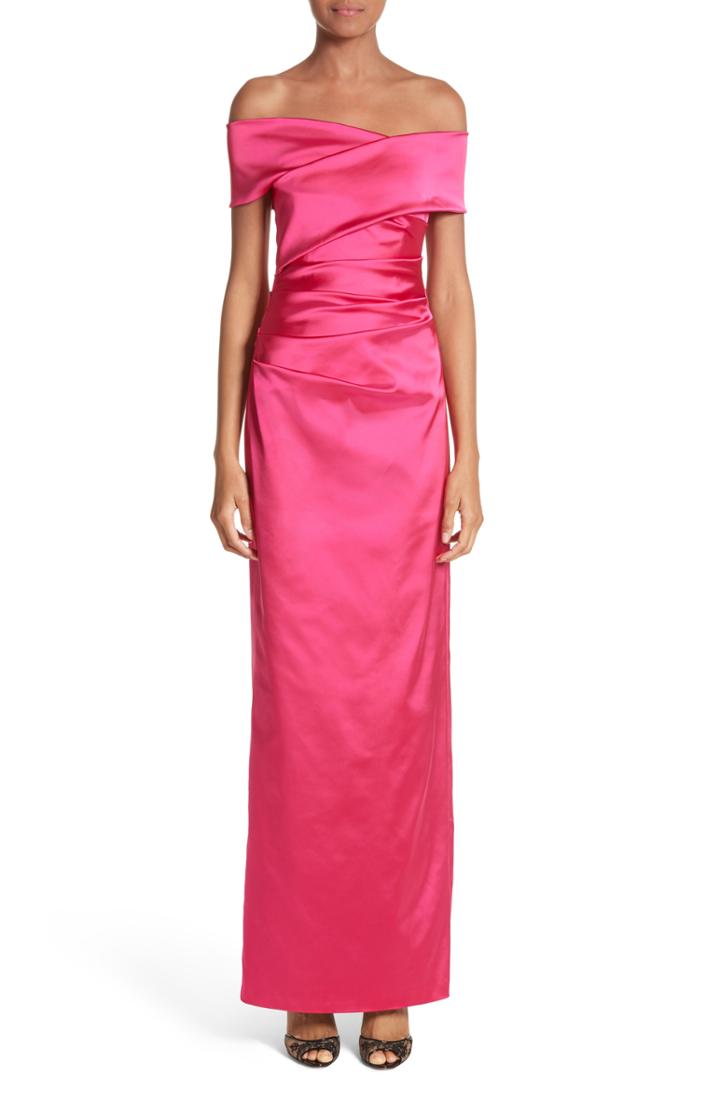 Women's Talbot Runhof Stretch Satin Off The Shoulder Column Gown