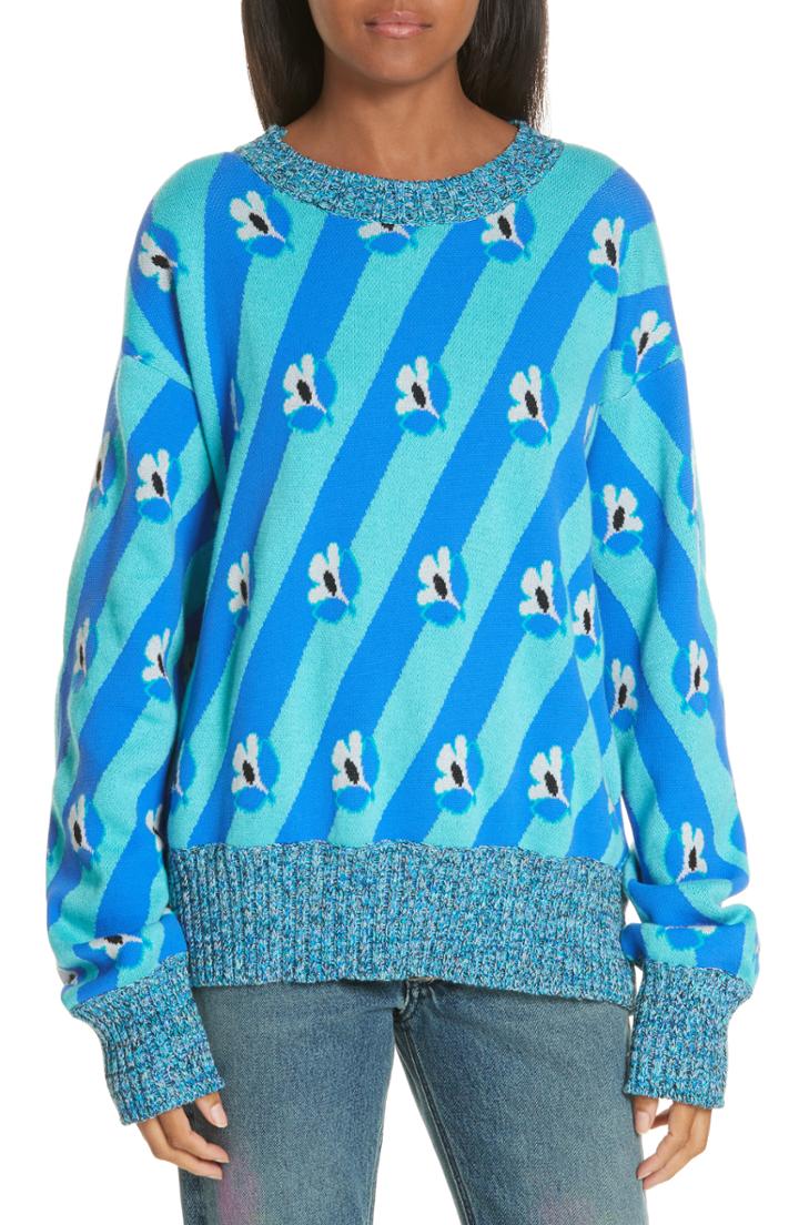 Women's Mm6 Maison Margiela Floral & Stripe Jacquard Sweater - Blue