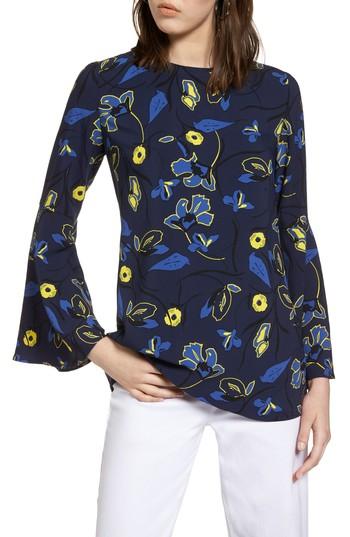 Women's Halogen Bow Back Print Flare Sleeve Tunic, Size - Blue