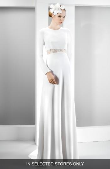 Women's Jesus Peiro Illusion Lace Inset Long Sleeve Crepe Gown, Size - Ivory