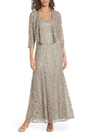 Women's Alex Evenings Sequin Lace Jacket Gown - Grey