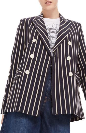 Women's Topshop Stripe Double Breasted Jacket Us (fits Like 0) - Blue