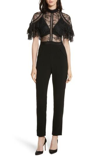 Women's Self-portrait Pleated Lace Bodice Jumpsuit - Black