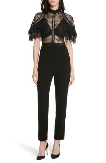 Women's Self-portrait Pleated Lace Bodice Jumpsuit - Black