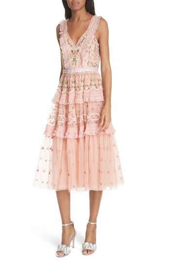 Women's Needle & Thread Lattice Rose Tiered Midi Dress - Coral