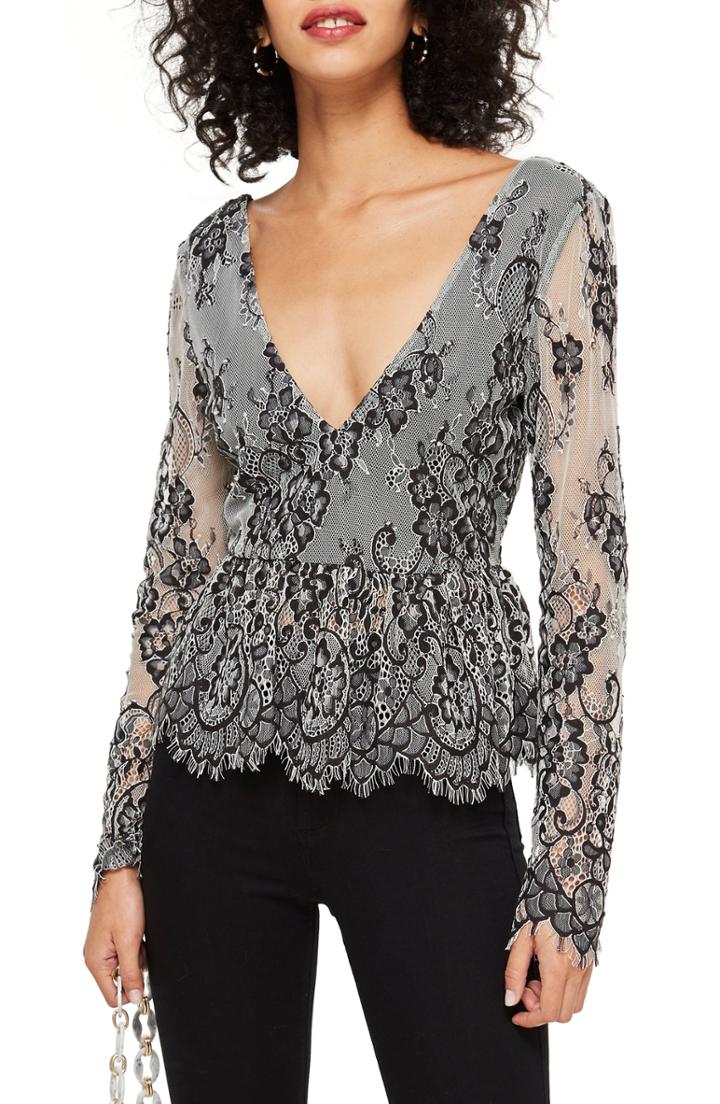 Women's Topshop Tie Back Lace Peplum Top Us (fits Like 0-2) - Black