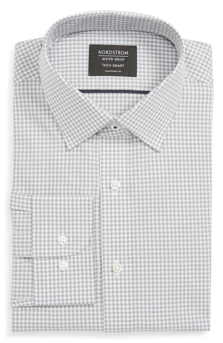 Men's Nordstrom Men's Shop Tech-smart Traditional Fit Check Stretch Dress Shirt - 32/33 - Grey