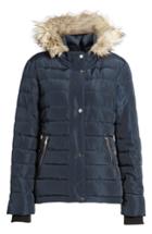 Women's Dorothy Perkins Faux Fur Trim Hooded Puffer Jacket Us / 10 Uk - Blue
