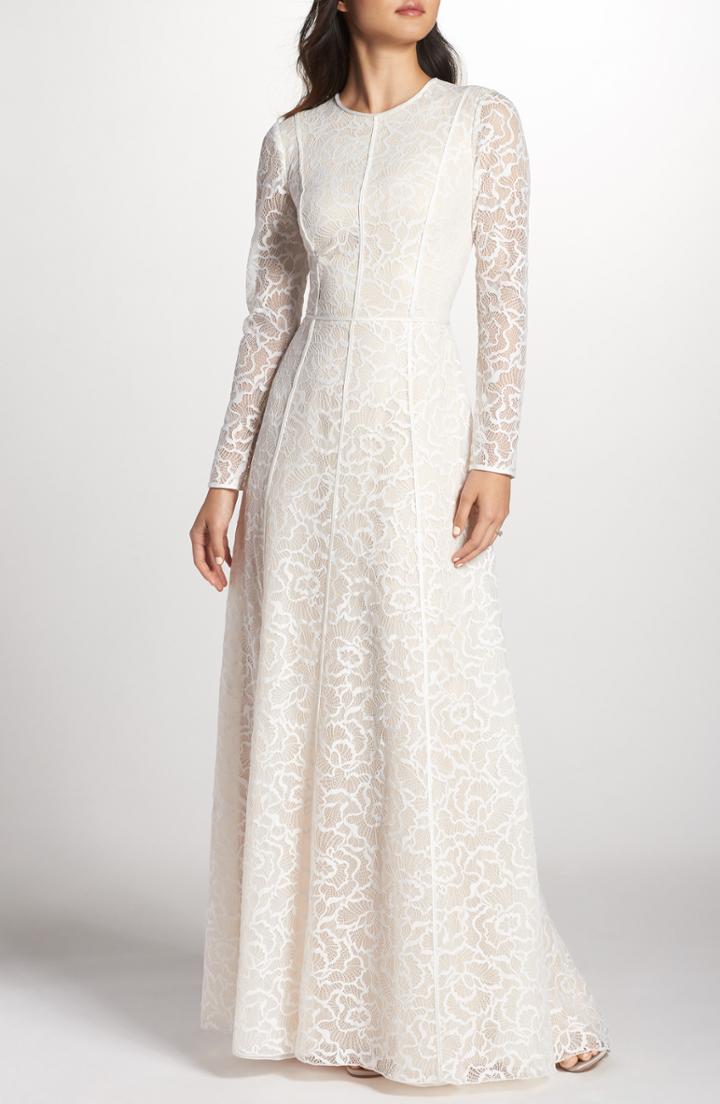 Women's Tadashi Shoji Sheer Sleeve Lace A-line Gown