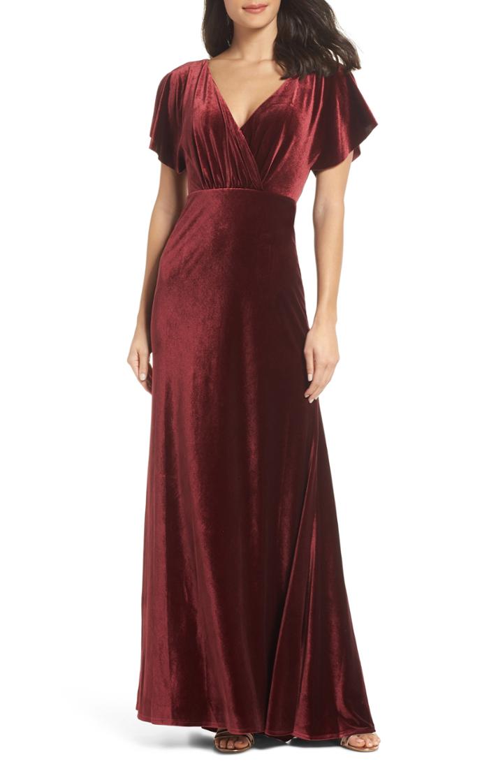 Women's Jenny Yoo Ellis Flutter Sleeve Stretch Velvet Gown (similar To 14w) - Red