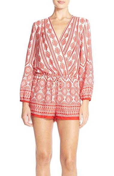 Women's Fraiche By J Print Long Sleeve Romper - Red