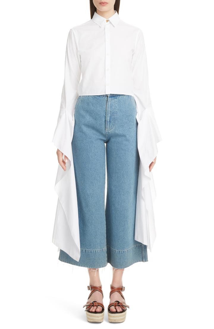 Women's Loewe Exaggerated Sleeve Crop Poplin Shirt -4 Us / 36 Fr - White
