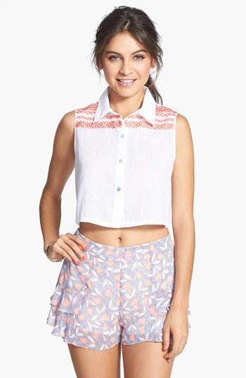Rossmore Embroidered Sleeveless Crop Shirt (juniors) Coral/ White
