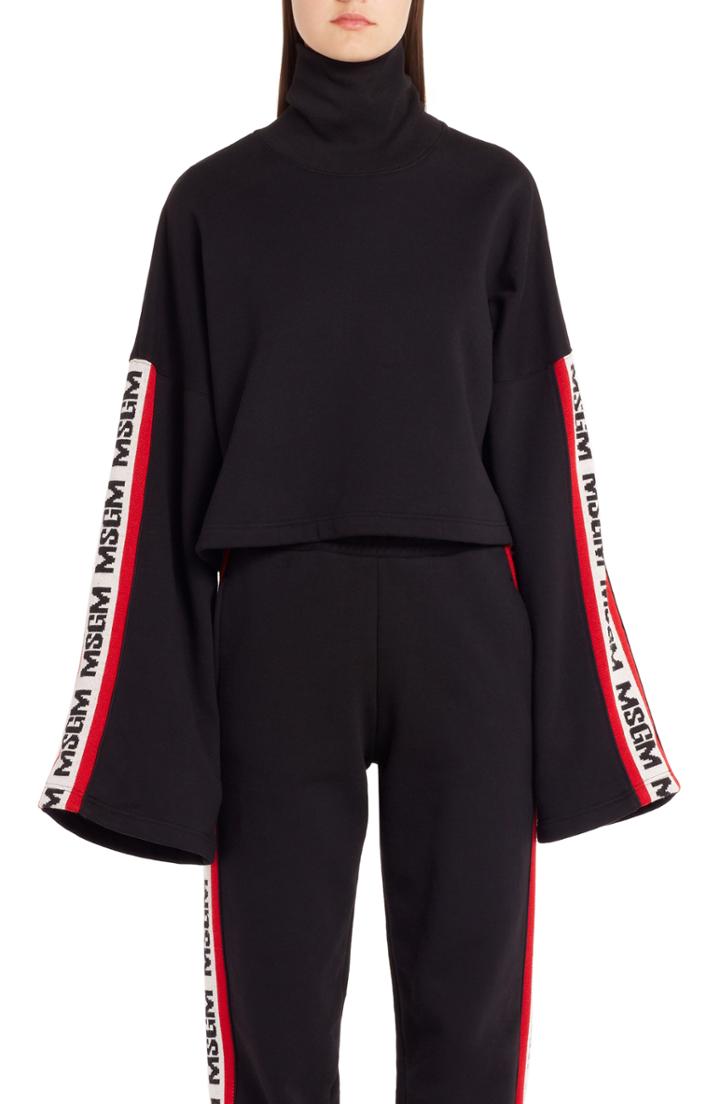 Women's Msgm Intarsia Logo Sleeve Crop Sweater - Black