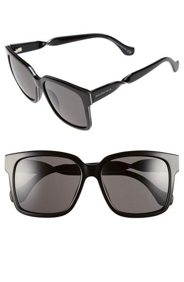 Women's Balenciaga Paris 'ba0053' 55mm Cat Eye Sunglasses - Shiny Black/ Smoke