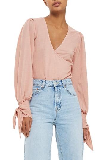 Women's Topshop Wrap Front Tie Sleeve Top Us (fits Like 2-4) - Pink